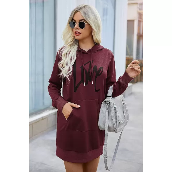 imagePRETTYGARDEN Womens Hooded Sweatshirt Drawstring Lightweight Long Sleeve Pullover Hoodie DressWine Red