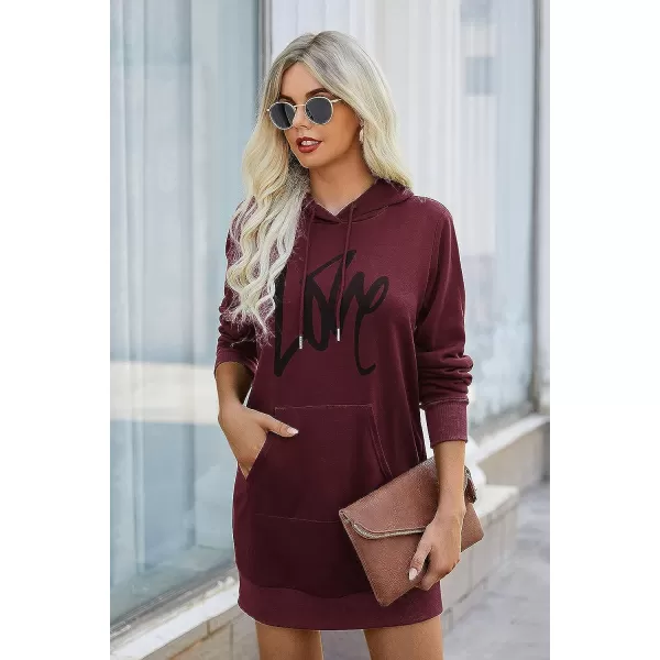 imagePRETTYGARDEN Womens Hooded Sweatshirt Drawstring Lightweight Long Sleeve Pullover Hoodie DressWine Red