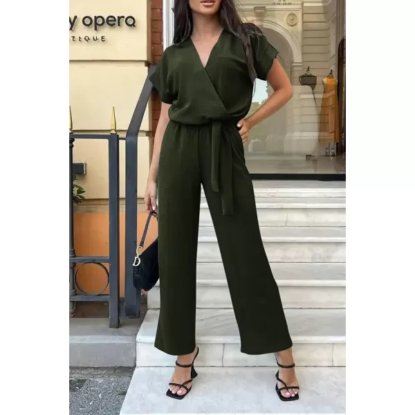 imagePRETTYGARDEN Womens Jumpsuit Casual Short Sleeve Wrap V Neck Belted Wide Leg PantsArmy Green