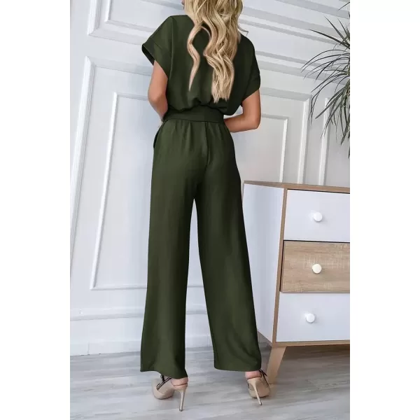 imagePRETTYGARDEN Womens Jumpsuit Casual Short Sleeve Wrap V Neck Belted Wide Leg PantsArmy Green
