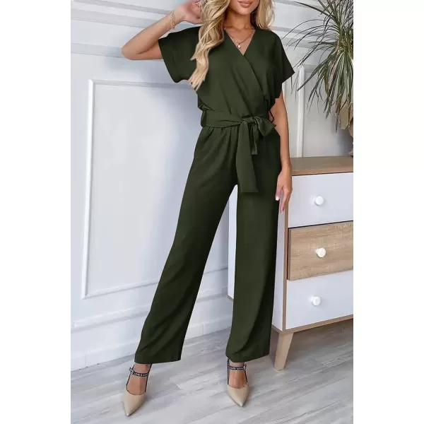 imagePRETTYGARDEN Womens Jumpsuit Casual Short Sleeve Wrap V Neck Belted Wide Leg PantsArmy Green