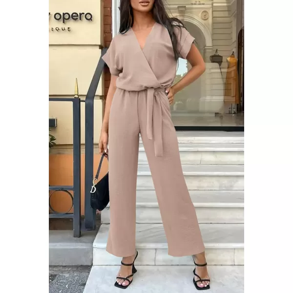 imagePRETTYGARDEN Womens Jumpsuit Casual Short Sleeve Wrap V Neck Belted Wide Leg PantsBeige