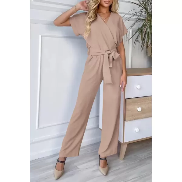 imagePRETTYGARDEN Womens Jumpsuit Casual Short Sleeve Wrap V Neck Belted Wide Leg PantsBeige