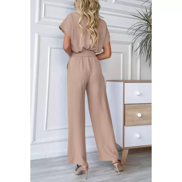 imagePRETTYGARDEN Womens Jumpsuit Casual Short Sleeve Wrap V Neck Belted Wide Leg PantsBeige