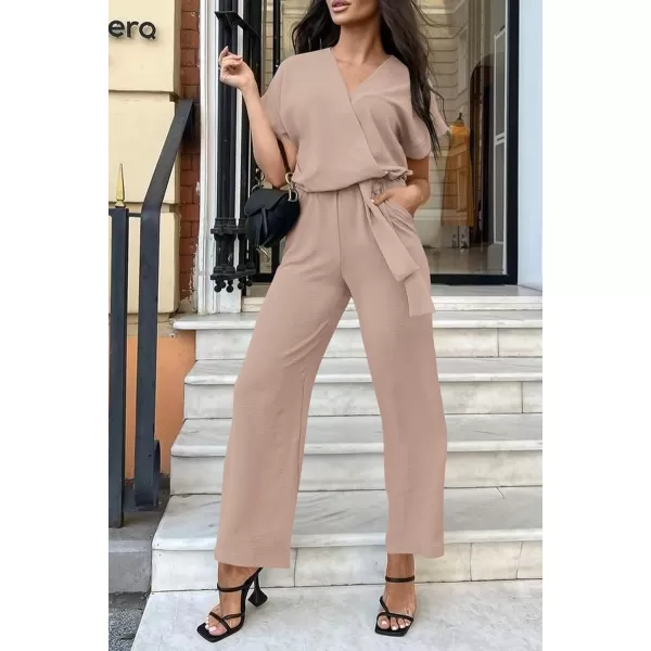 imagePRETTYGARDEN Womens Jumpsuit Casual Short Sleeve Wrap V Neck Belted Wide Leg PantsBeige