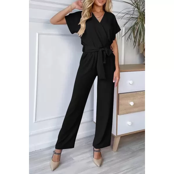 imagePRETTYGARDEN Womens Jumpsuit Casual Short Sleeve Wrap V Neck Belted Wide Leg PantsBlack