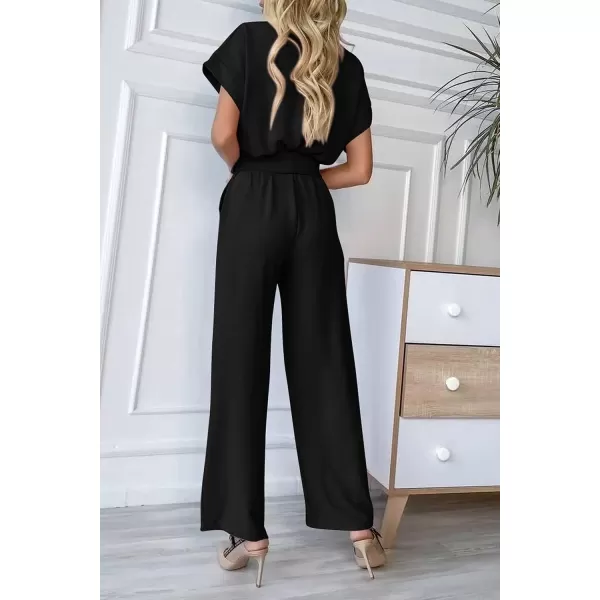 imagePRETTYGARDEN Womens Jumpsuit Casual Short Sleeve Wrap V Neck Belted Wide Leg PantsBlack