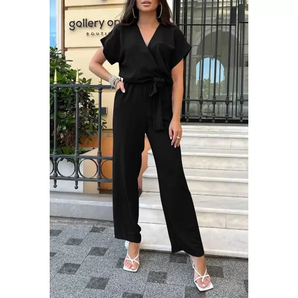 imagePRETTYGARDEN Womens Jumpsuit Casual Short Sleeve Wrap V Neck Belted Wide Leg PantsBlack