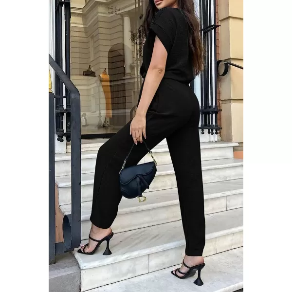 imagePRETTYGARDEN Womens Jumpsuit Casual Short Sleeve Wrap V Neck Belted Wide Leg PantsBlack