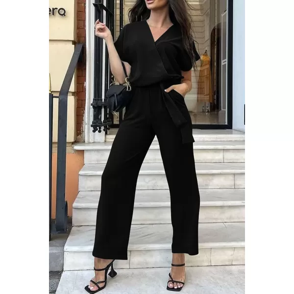 imagePRETTYGARDEN Womens Jumpsuit Casual Short Sleeve Wrap V Neck Belted Wide Leg PantsBlack