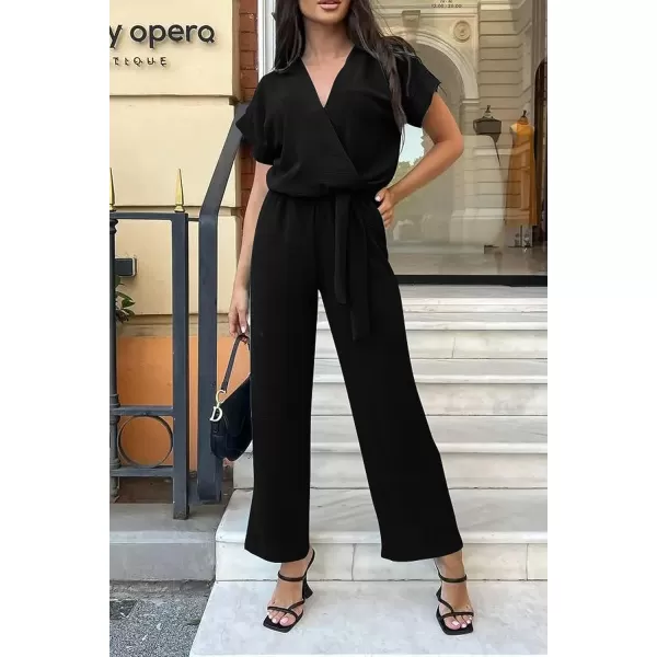 imagePRETTYGARDEN Womens Jumpsuit Casual Short Sleeve Wrap V Neck Belted Wide Leg PantsBlack