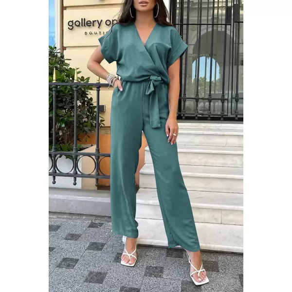 imagePRETTYGARDEN Womens Jumpsuit Casual Short Sleeve Wrap V Neck Belted Wide Leg PantsBlue Green
