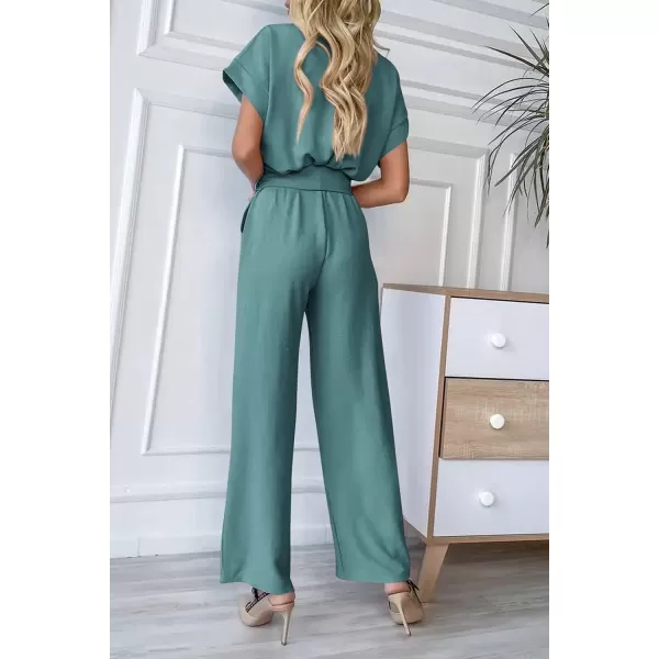 imagePRETTYGARDEN Womens Jumpsuit Casual Short Sleeve Wrap V Neck Belted Wide Leg PantsBlue Green