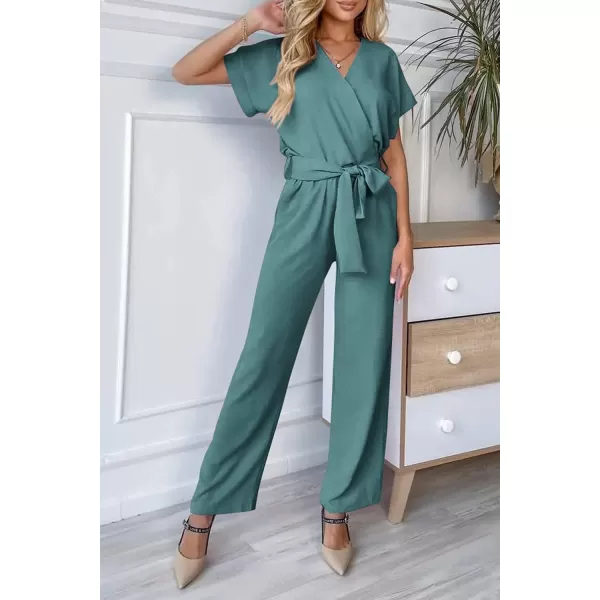 imagePRETTYGARDEN Womens Jumpsuit Casual Short Sleeve Wrap V Neck Belted Wide Leg PantsBlue Green