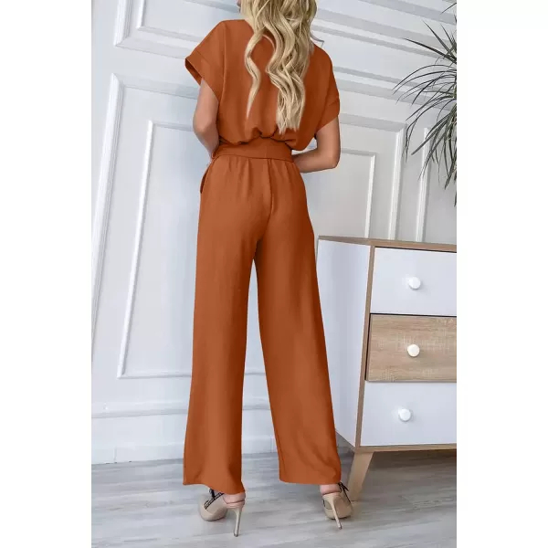 imagePRETTYGARDEN Womens Jumpsuit Casual Short Sleeve Wrap V Neck Belted Wide Leg PantsCaramel