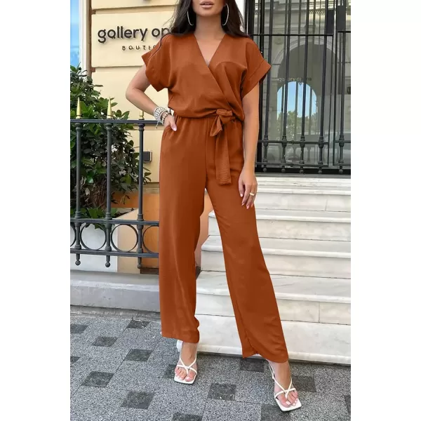 imagePRETTYGARDEN Womens Jumpsuit Casual Short Sleeve Wrap V Neck Belted Wide Leg PantsCaramel