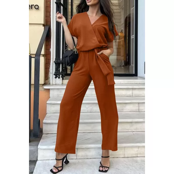 imagePRETTYGARDEN Womens Jumpsuit Casual Short Sleeve Wrap V Neck Belted Wide Leg PantsCaramel