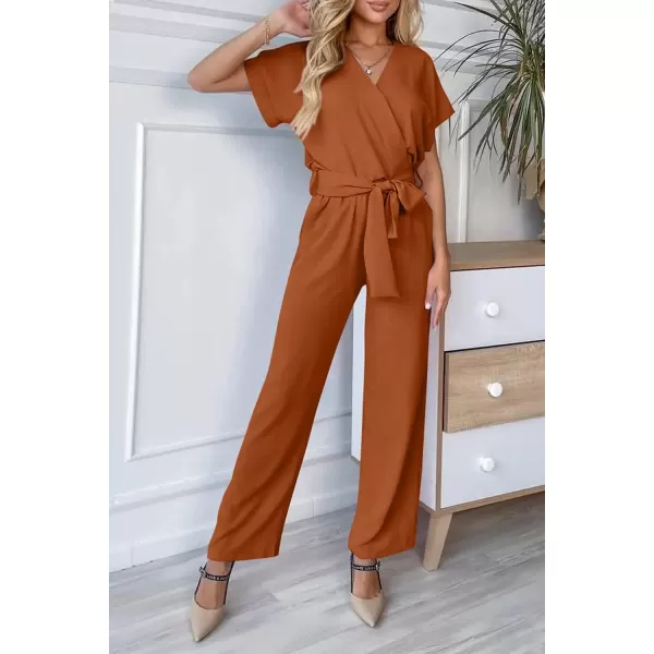 imagePRETTYGARDEN Womens Jumpsuit Casual Short Sleeve Wrap V Neck Belted Wide Leg PantsCaramel