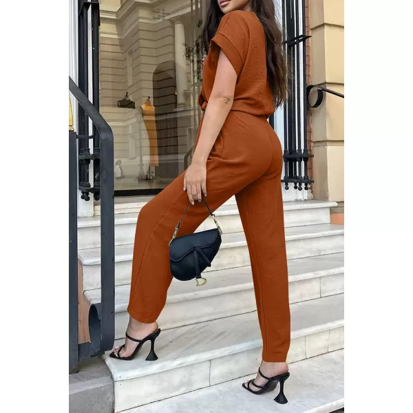 imagePRETTYGARDEN Womens Jumpsuit Casual Short Sleeve Wrap V Neck Belted Wide Leg PantsCaramel