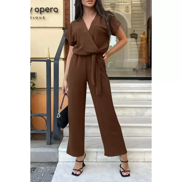 imagePRETTYGARDEN Womens Jumpsuit Casual Short Sleeve Wrap V Neck Belted Wide Leg PantsDark Brown