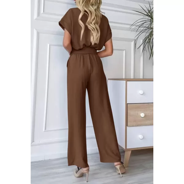 imagePRETTYGARDEN Womens Jumpsuit Casual Short Sleeve Wrap V Neck Belted Wide Leg PantsDark Brown