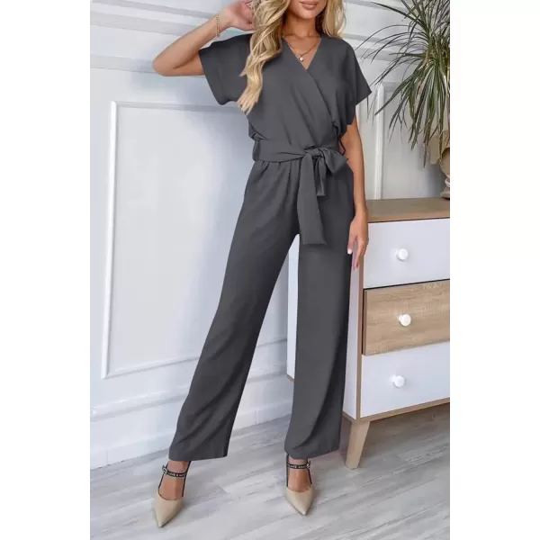 imagePRETTYGARDEN Womens Jumpsuit Casual Short Sleeve Wrap V Neck Belted Wide Leg PantsDark Grey