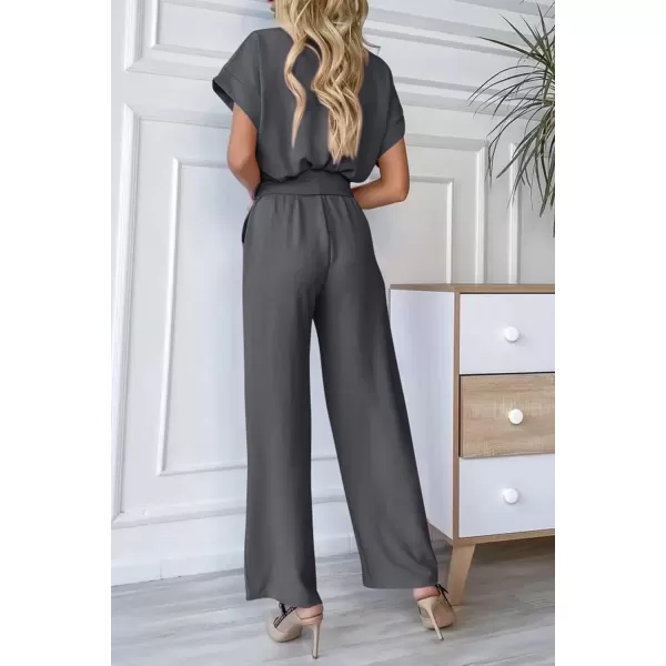 imagePRETTYGARDEN Womens Jumpsuit Casual Short Sleeve Wrap V Neck Belted Wide Leg PantsDark Grey