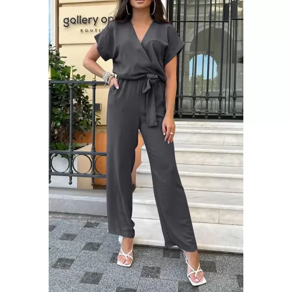 imagePRETTYGARDEN Womens Jumpsuit Casual Short Sleeve Wrap V Neck Belted Wide Leg PantsDark Grey