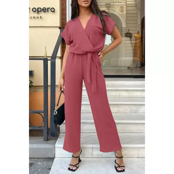 imagePRETTYGARDEN Womens Jumpsuit Casual Short Sleeve Wrap V Neck Belted Wide Leg PantsDark Pink