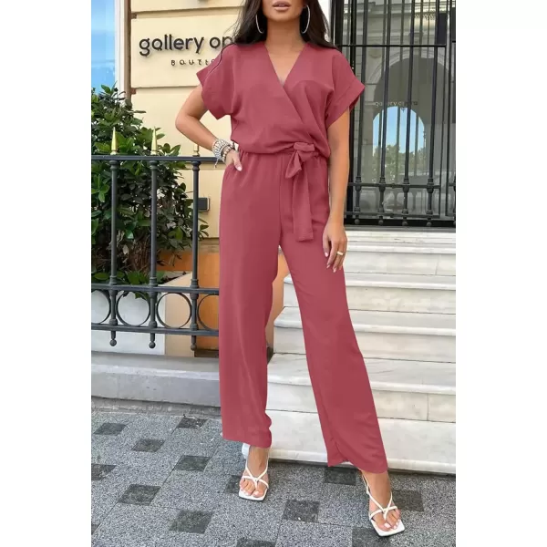 imagePRETTYGARDEN Womens Jumpsuit Casual Short Sleeve Wrap V Neck Belted Wide Leg PantsDark Pink