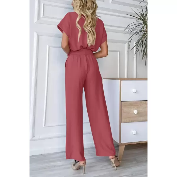 imagePRETTYGARDEN Womens Jumpsuit Casual Short Sleeve Wrap V Neck Belted Wide Leg PantsDark Pink