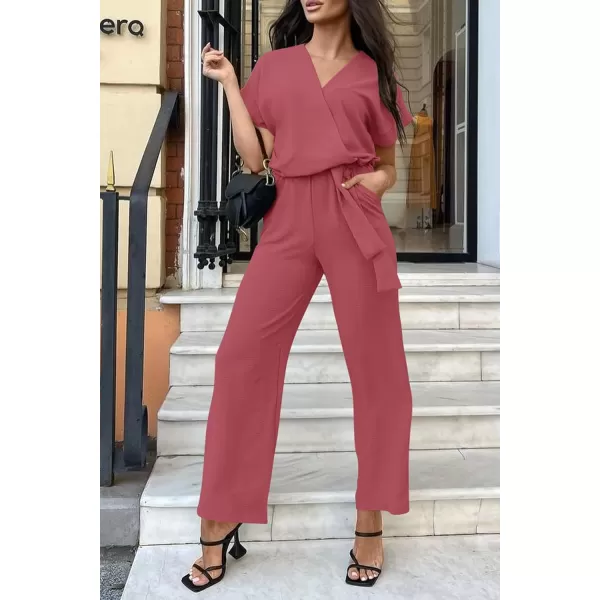 imagePRETTYGARDEN Womens Jumpsuit Casual Short Sleeve Wrap V Neck Belted Wide Leg PantsDark Pink