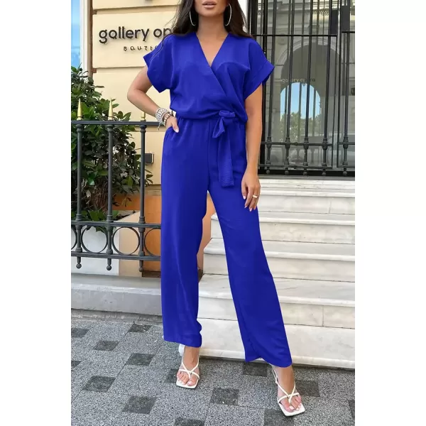 imagePRETTYGARDEN Womens Jumpsuit Casual Short Sleeve Wrap V Neck Belted Wide Leg PantsDark Royal Blue