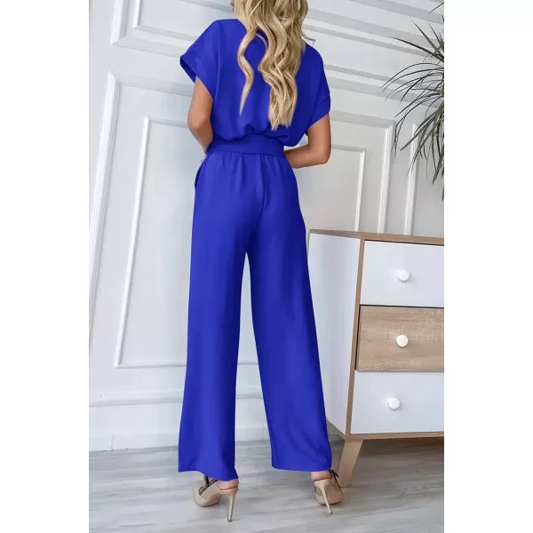 imagePRETTYGARDEN Womens Jumpsuit Casual Short Sleeve Wrap V Neck Belted Wide Leg PantsDark Royal Blue