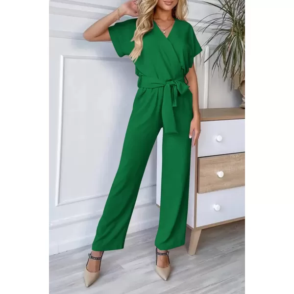 imagePRETTYGARDEN Womens Jumpsuit Casual Short Sleeve Wrap V Neck Belted Wide Leg PantsGreen