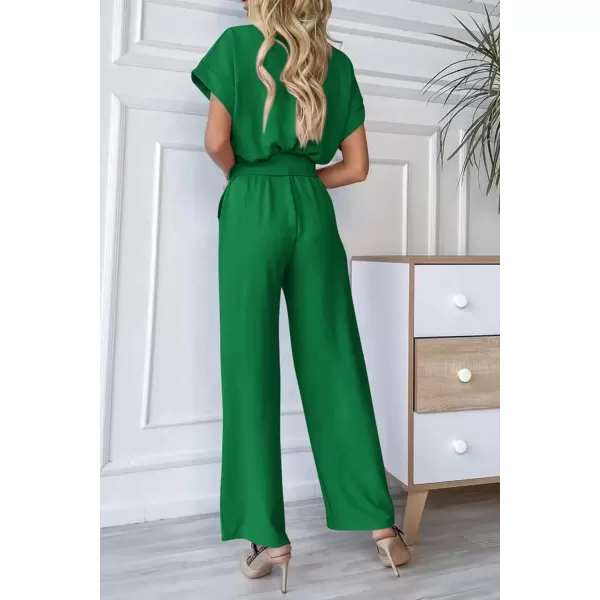 imagePRETTYGARDEN Womens Jumpsuit Casual Short Sleeve Wrap V Neck Belted Wide Leg PantsGreen