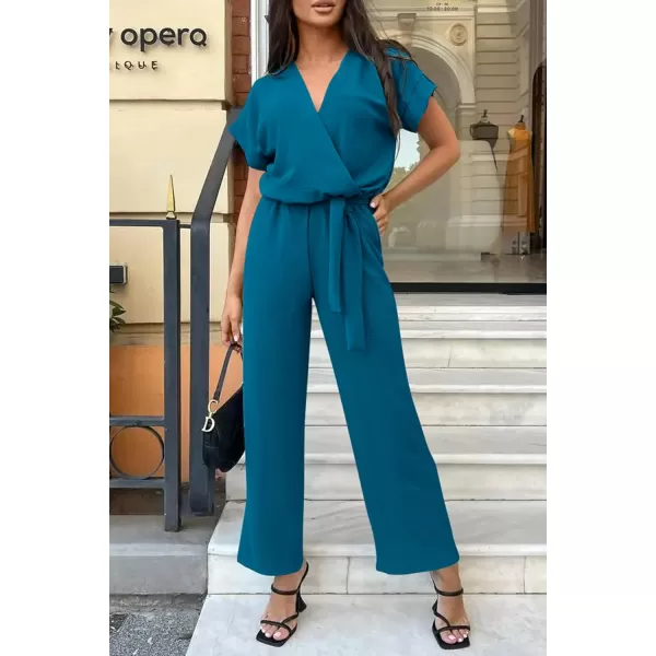 imagePRETTYGARDEN Womens Jumpsuit Casual Short Sleeve Wrap V Neck Belted Wide Leg PantsLake Blue