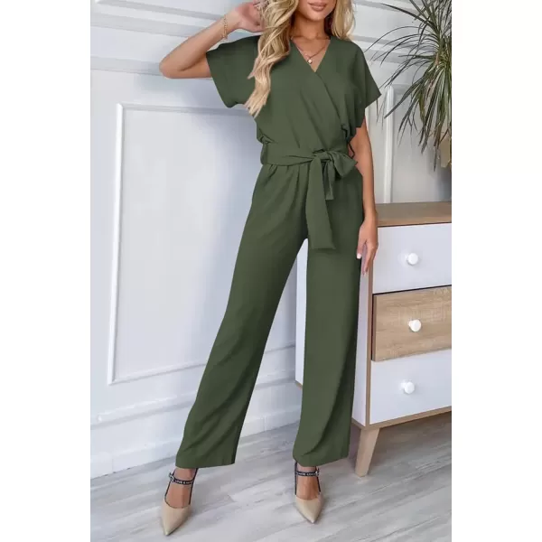imagePRETTYGARDEN Womens Jumpsuit Casual Short Sleeve Wrap V Neck Belted Wide Leg PantsLight Army Green