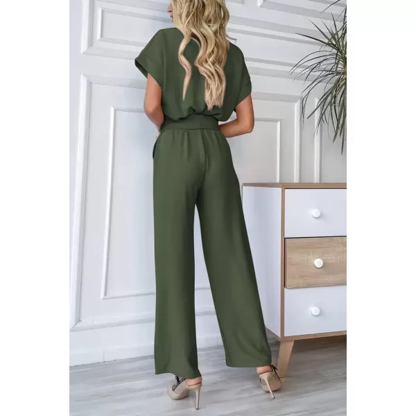 imagePRETTYGARDEN Womens Jumpsuit Casual Short Sleeve Wrap V Neck Belted Wide Leg PantsLight Army Green
