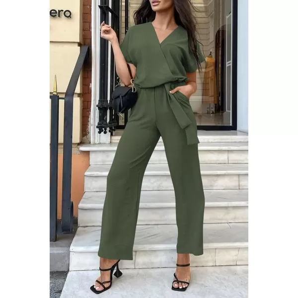 imagePRETTYGARDEN Womens Jumpsuit Casual Short Sleeve Wrap V Neck Belted Wide Leg PantsLight Army Green