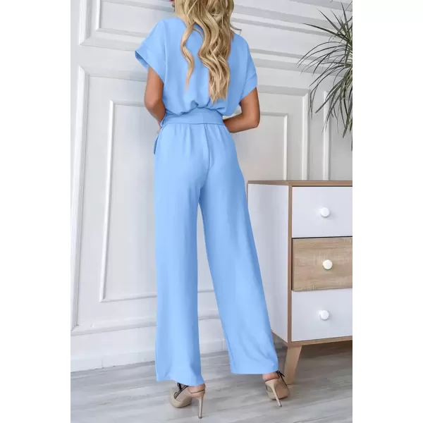 imagePRETTYGARDEN Womens Jumpsuit Casual Short Sleeve Wrap V Neck Belted Wide Leg PantsLight Blue