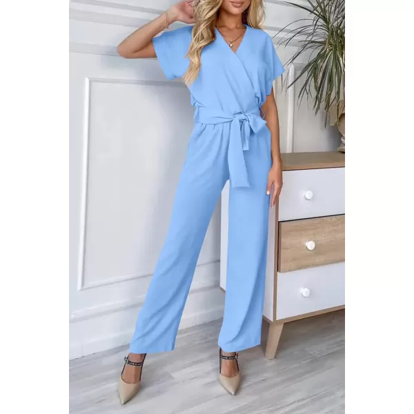 imagePRETTYGARDEN Womens Jumpsuit Casual Short Sleeve Wrap V Neck Belted Wide Leg PantsLight Blue