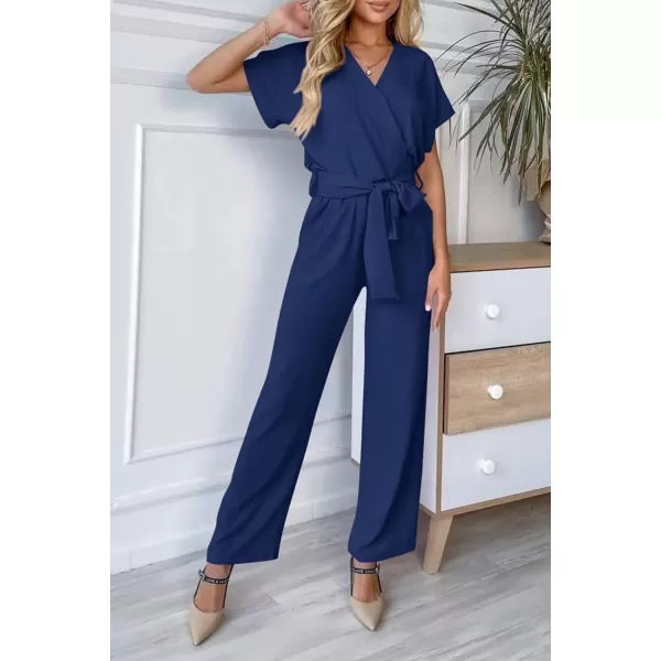 imagePRETTYGARDEN Womens Jumpsuit Casual Short Sleeve Wrap V Neck Belted Wide Leg PantsNavy