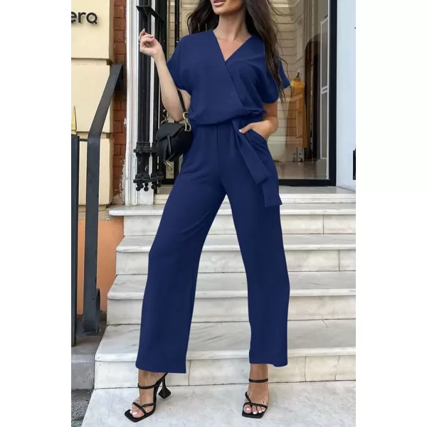 imagePRETTYGARDEN Womens Jumpsuit Casual Short Sleeve Wrap V Neck Belted Wide Leg PantsNavy