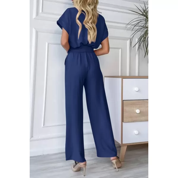 imagePRETTYGARDEN Womens Jumpsuit Casual Short Sleeve Wrap V Neck Belted Wide Leg PantsNavy