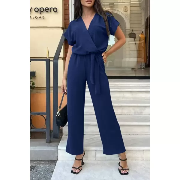 imagePRETTYGARDEN Womens Jumpsuit Casual Short Sleeve Wrap V Neck Belted Wide Leg PantsNavy