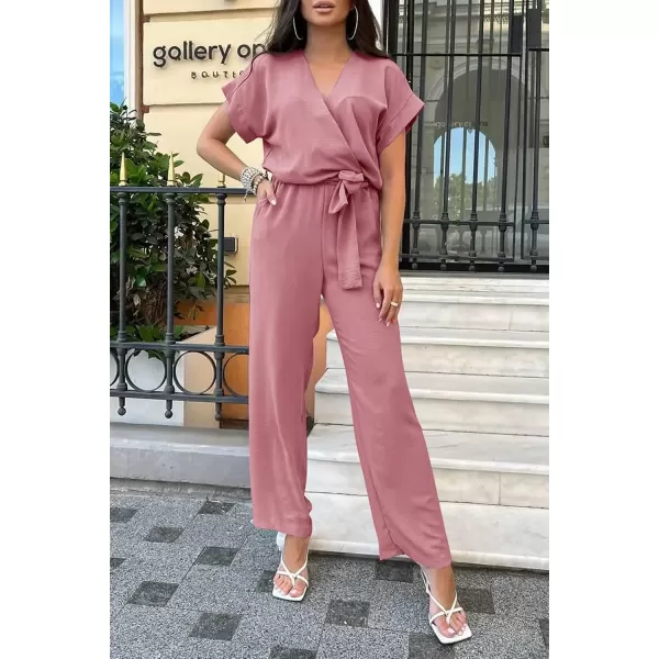imagePRETTYGARDEN Womens Jumpsuit Casual Short Sleeve Wrap V Neck Belted Wide Leg PantsPink