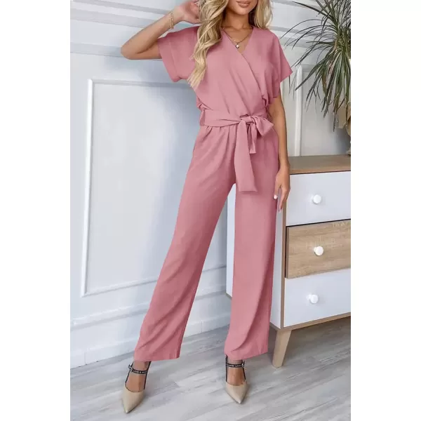 imagePRETTYGARDEN Womens Jumpsuit Casual Short Sleeve Wrap V Neck Belted Wide Leg PantsPink