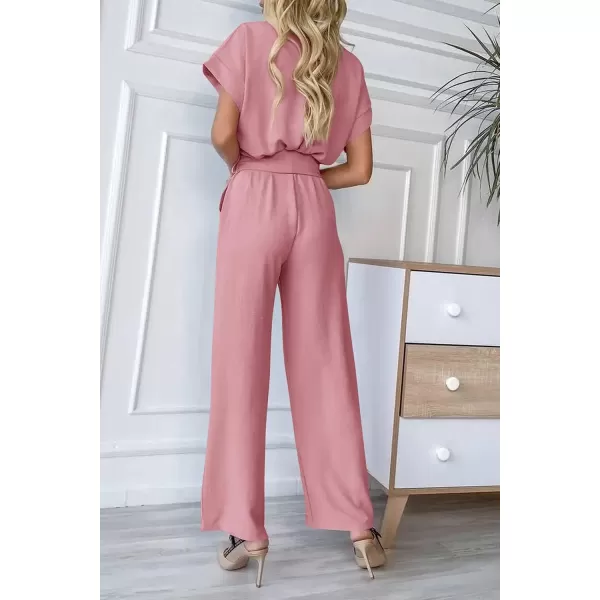 imagePRETTYGARDEN Womens Jumpsuit Casual Short Sleeve Wrap V Neck Belted Wide Leg PantsPink