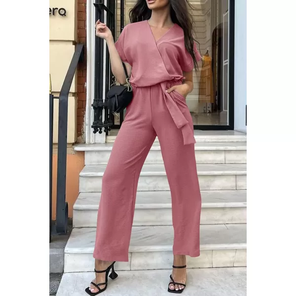 imagePRETTYGARDEN Womens Jumpsuit Casual Short Sleeve Wrap V Neck Belted Wide Leg PantsPink